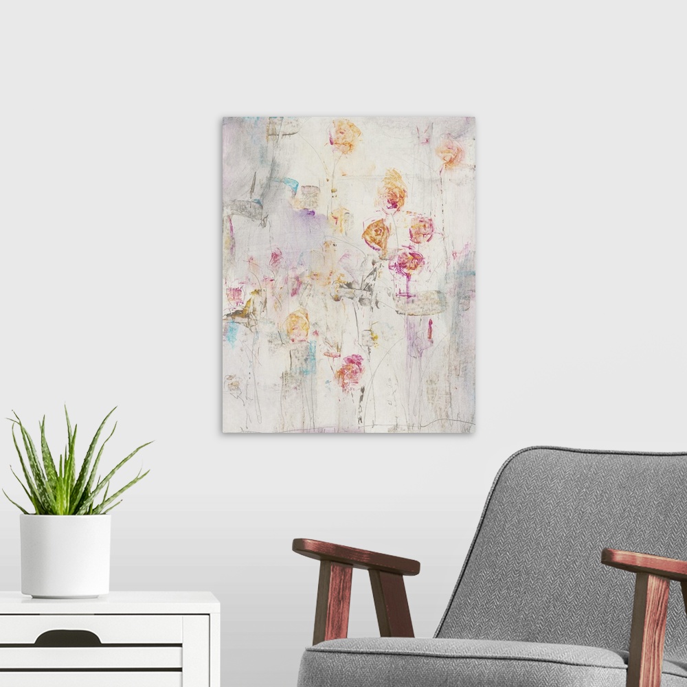A modern room featuring Contemporary abstract painting of colorful flowers through out an environment in neutral tones.