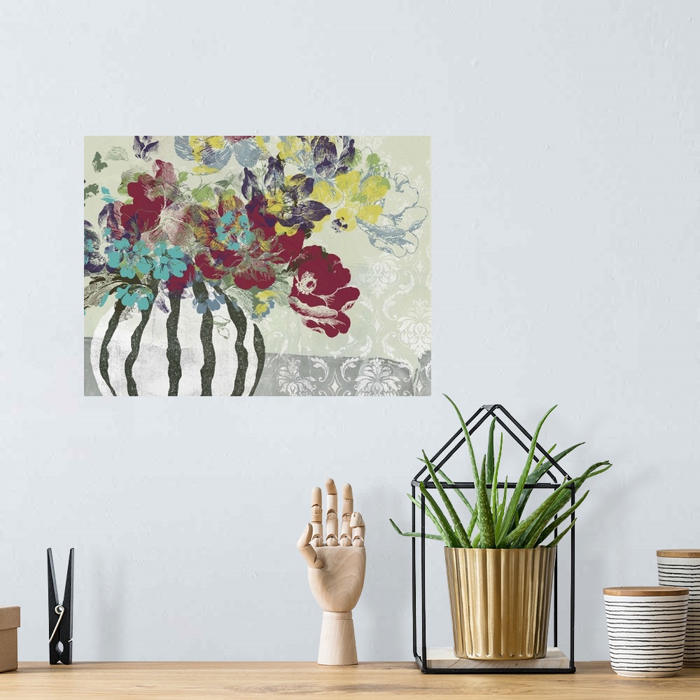 A bohemian room featuring Contemporary artwork of a bouquet of flowers in a vase against a floral patterned background.
