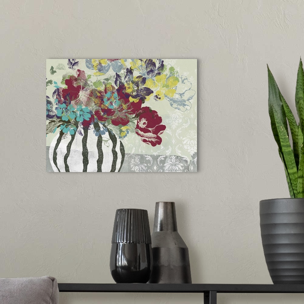 A modern room featuring Contemporary artwork of a bouquet of flowers in a vase against a floral patterned background.