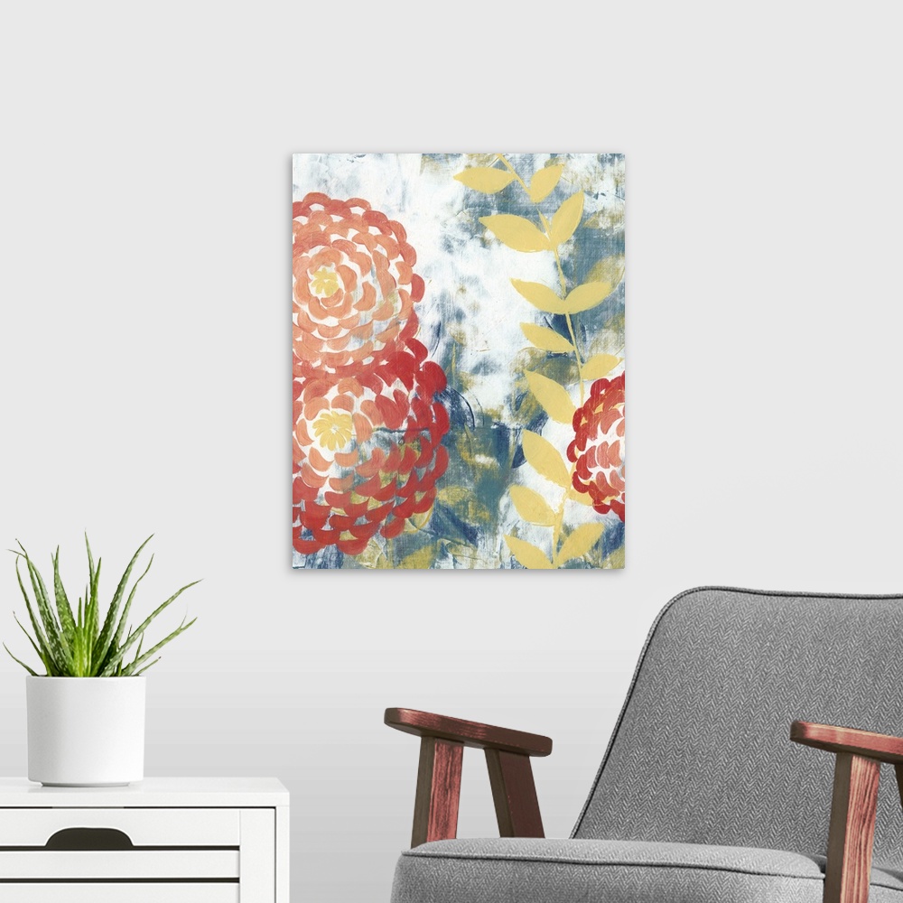 A modern room featuring Contemporary abstract artwork using floral elements against a distressed background.