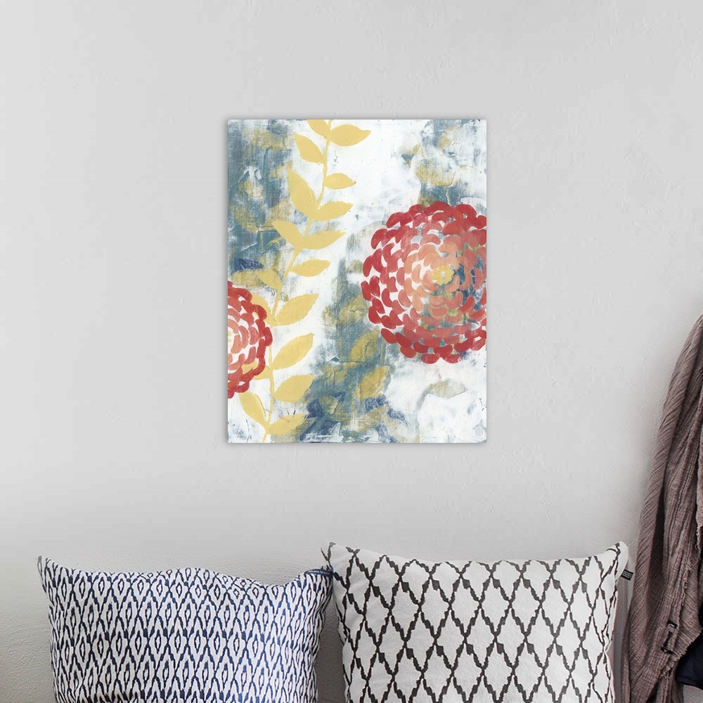 A bohemian room featuring Contemporary abstract artwork using floral elements against a distressed background.
