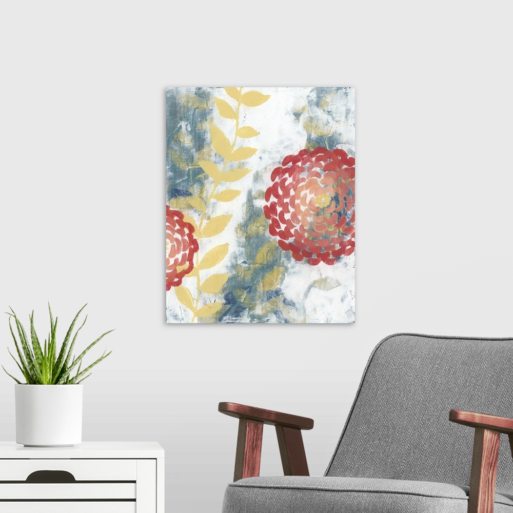 A modern room featuring Contemporary abstract artwork using floral elements against a distressed background.