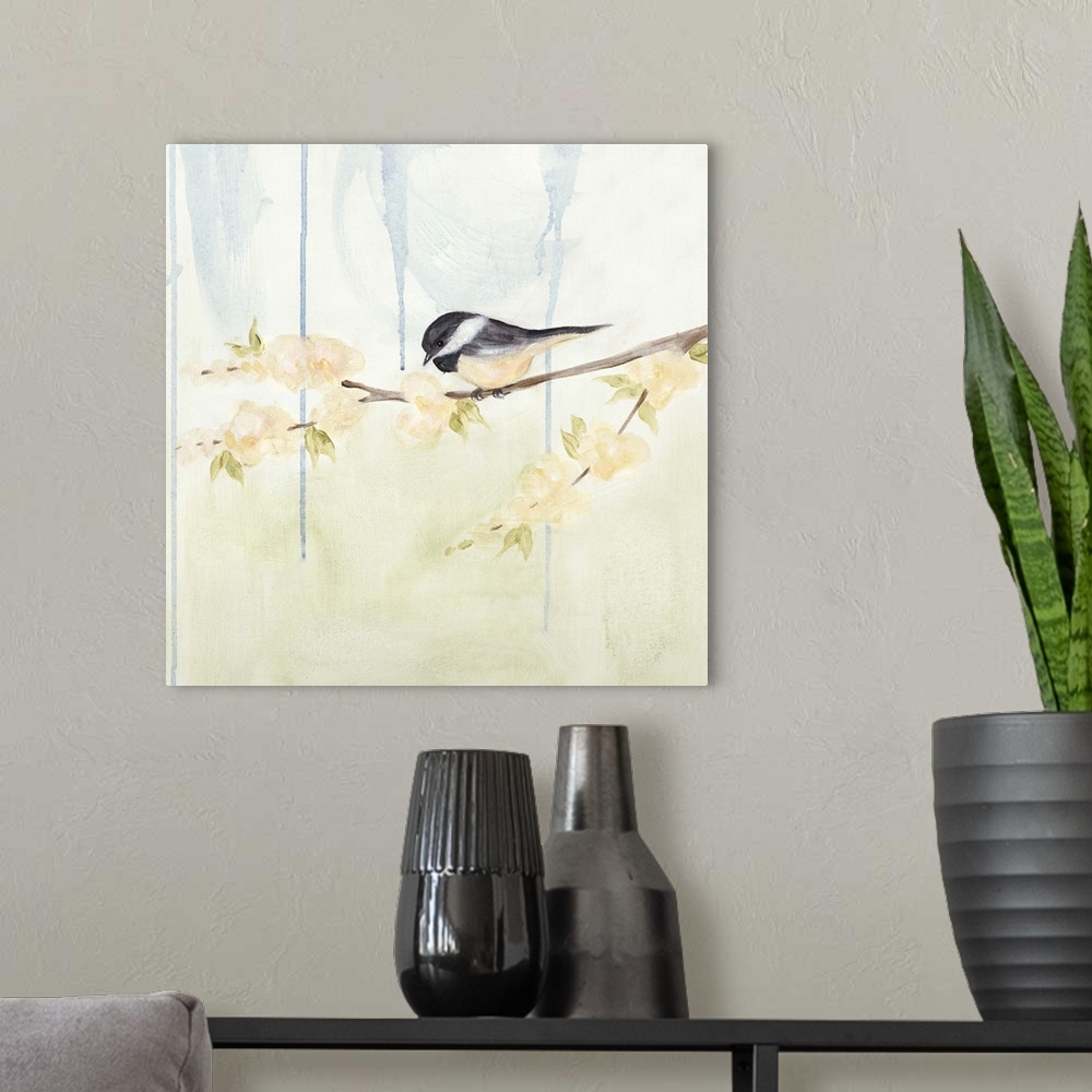 A modern room featuring Watercolor illustration of a chickadee perched on a flowering branch.