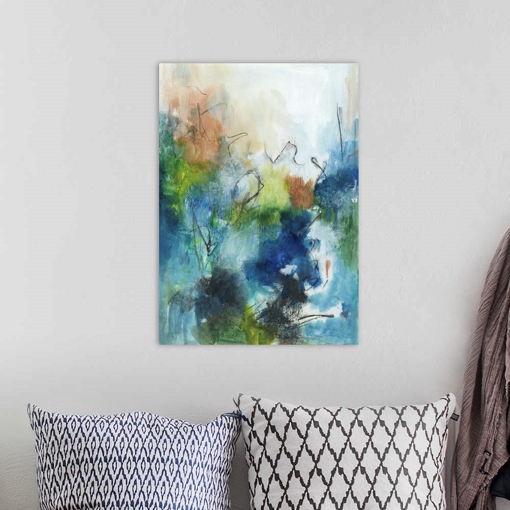 A bohemian room featuring Contemporary abstract art print in cool blue and green tones.