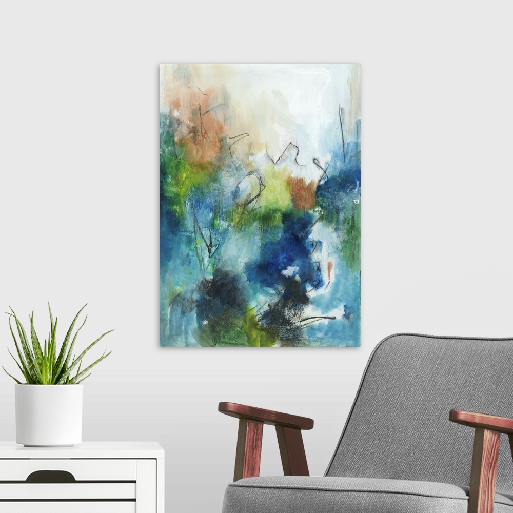 A modern room featuring Contemporary abstract art print in cool blue and green tones.