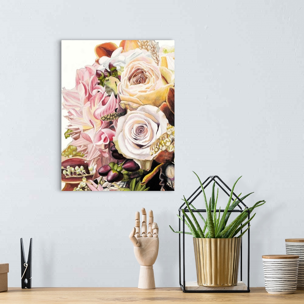 A bohemian room featuring A photo-realistic painting of a bouquet of soft colorful flowers.