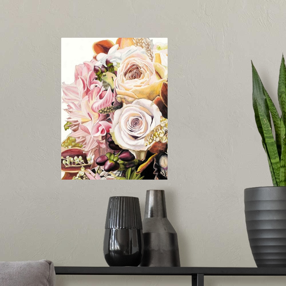 A modern room featuring A photo-realistic painting of a bouquet of soft colorful flowers.