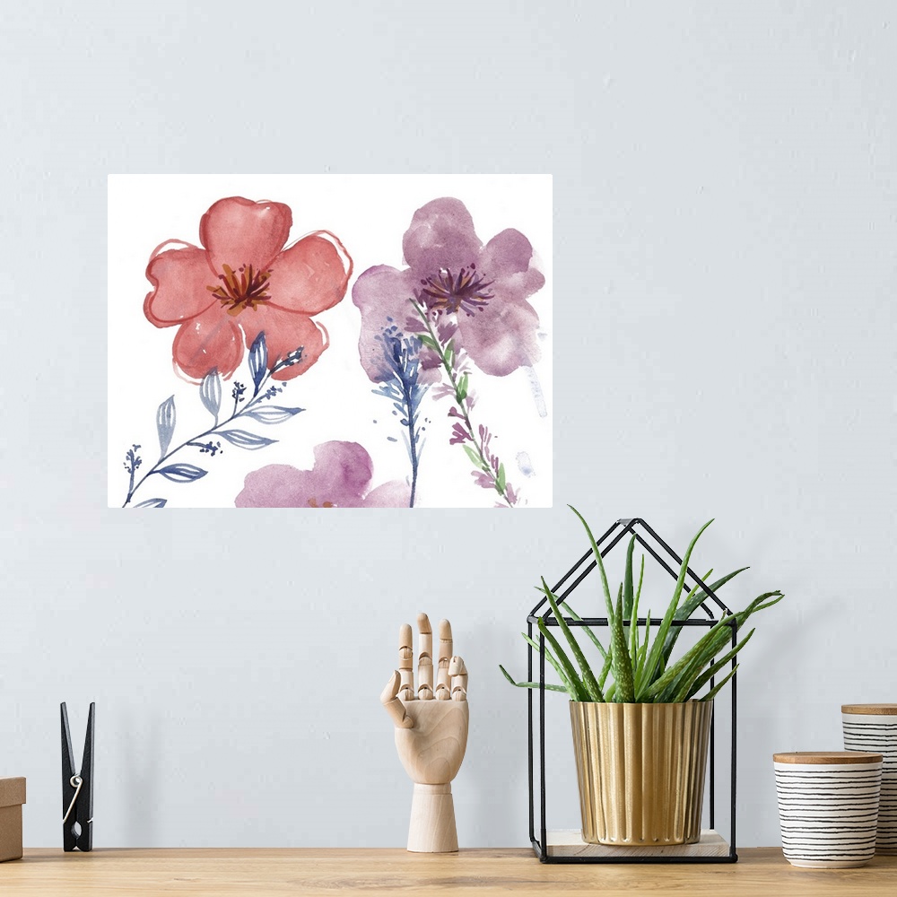 A bohemian room featuring Watercolor floral painting in red and purple.