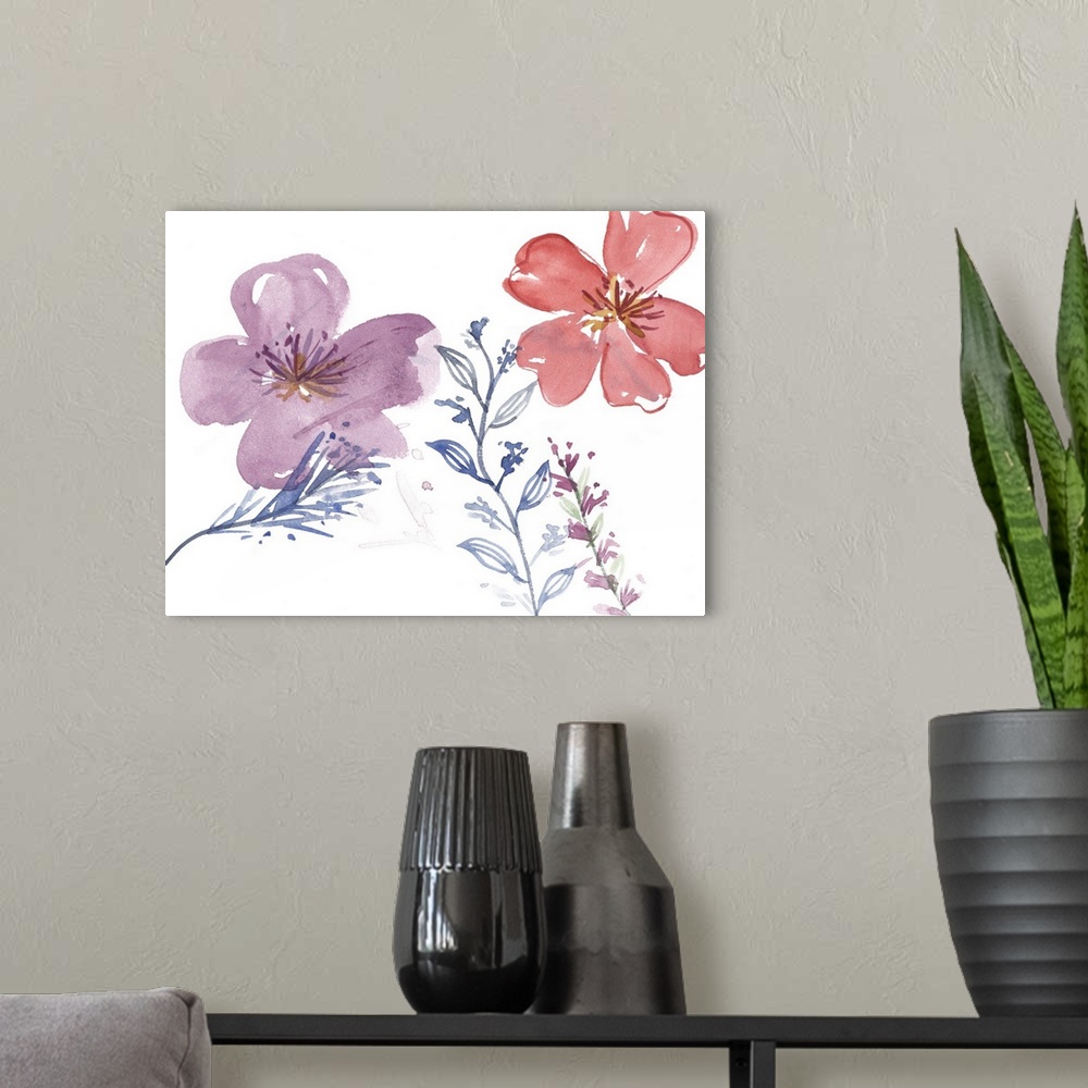 A modern room featuring Watercolor floral painting in red and purple.