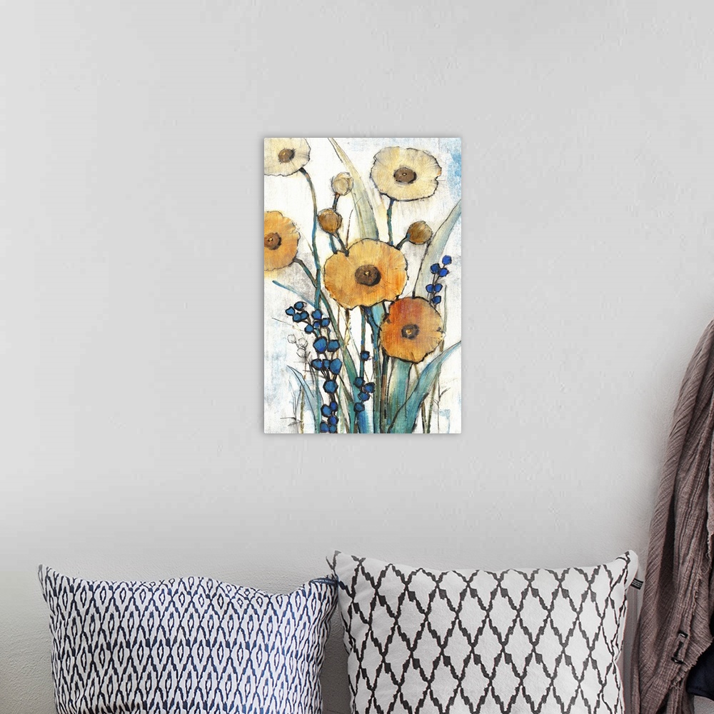 A bohemian room featuring Contemporary art print of poppy flowers in bloom.