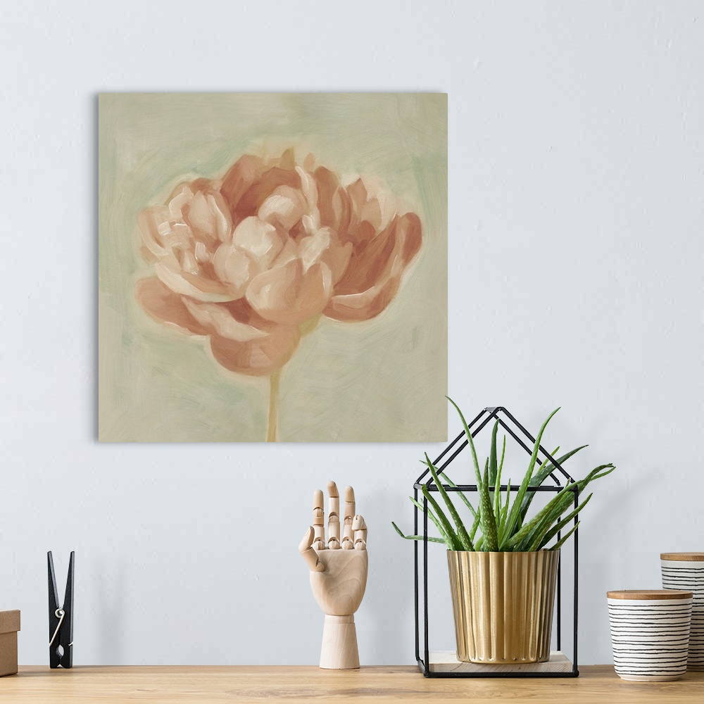 A bohemian room featuring Contemporary artwork of a peony flower in subdued pink tones.