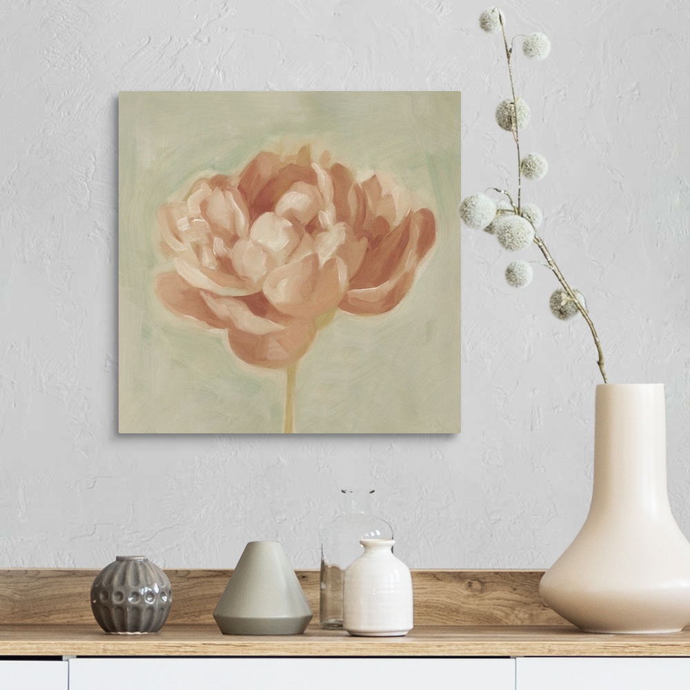 A farmhouse room featuring Contemporary artwork of a peony flower in subdued pink tones.