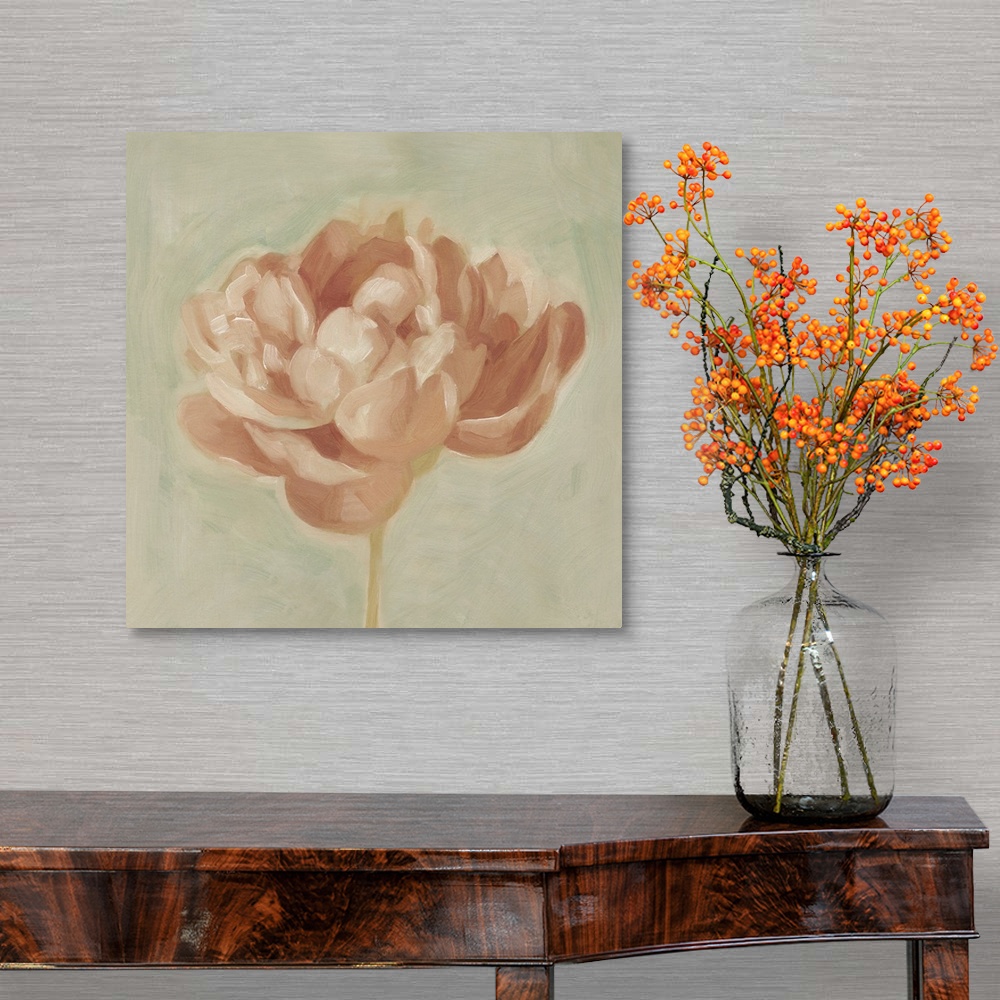 A traditional room featuring Contemporary artwork of a peony flower in subdued pink tones.