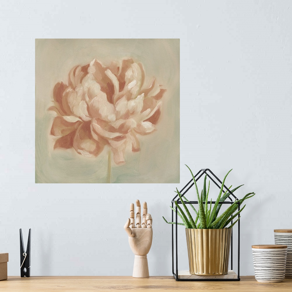 A bohemian room featuring Contemporary artwork of a peony flower in subdued pink tones.