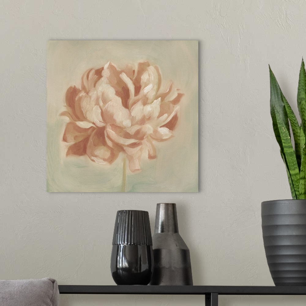 A modern room featuring Contemporary artwork of a peony flower in subdued pink tones.