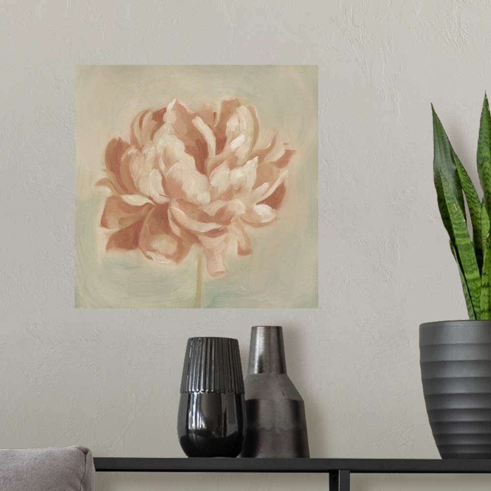 A modern room featuring Contemporary artwork of a peony flower in subdued pink tones.