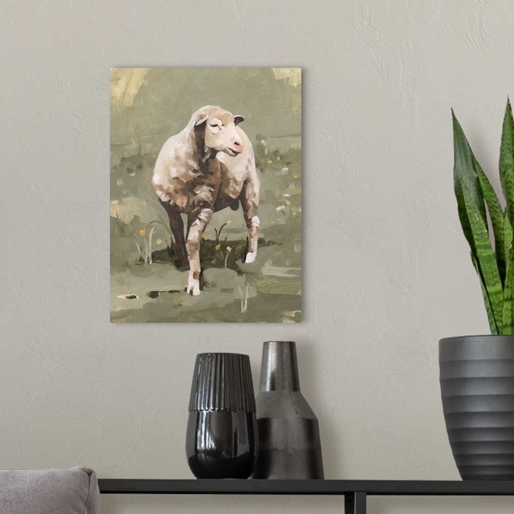 A modern room featuring Spring Sheep I