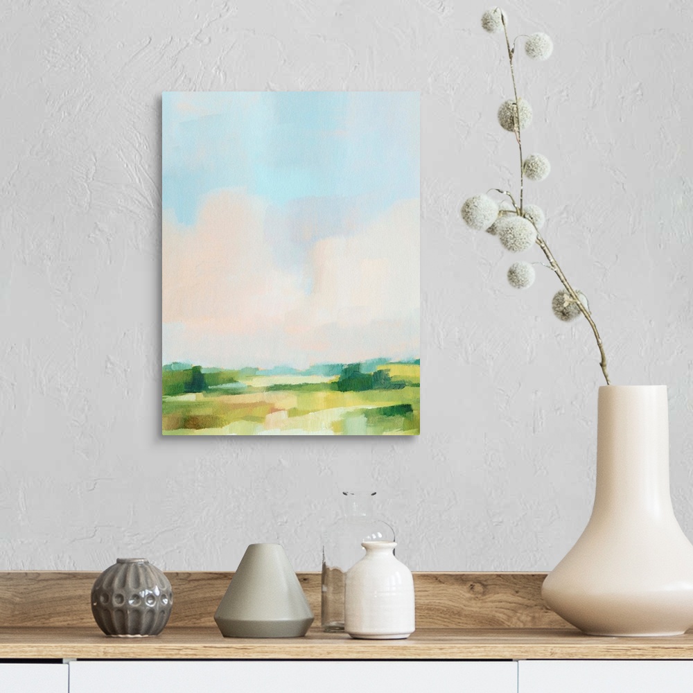 A farmhouse room featuring Contemporary abstract painting highlighting a pale blue sky over a green landscape.