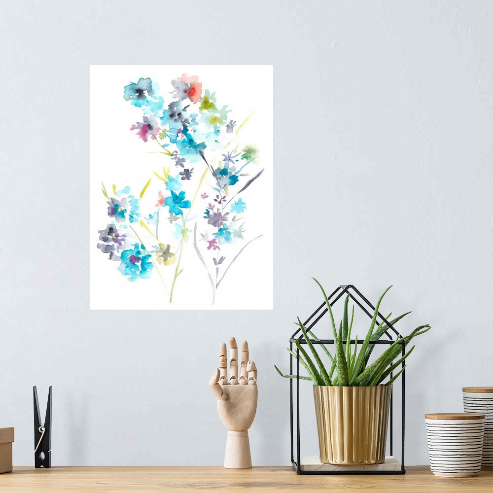 A bohemian room featuring Watercolor painting of colorful Spring flowers on a white background.