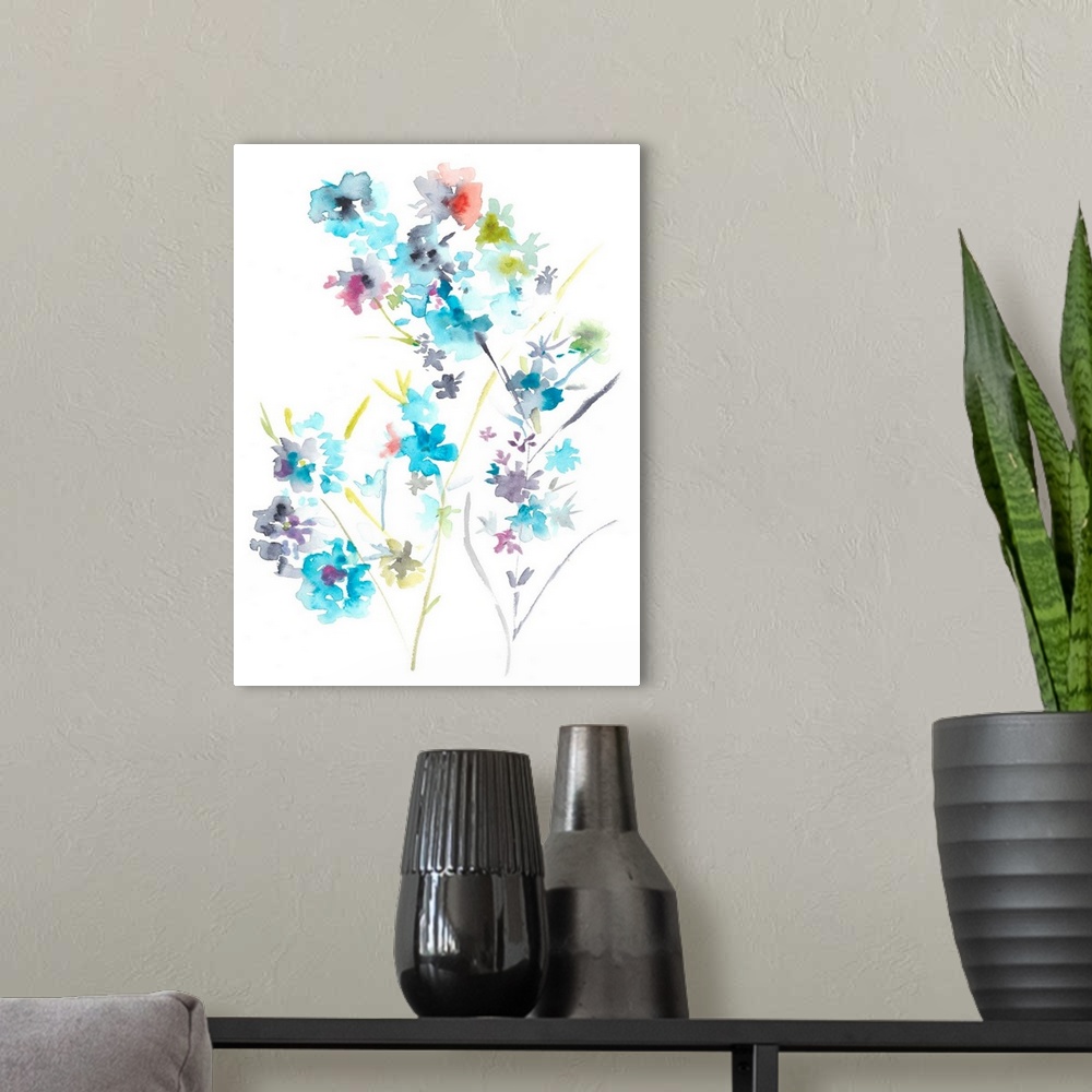 A modern room featuring Watercolor painting of colorful Spring flowers on a white background.