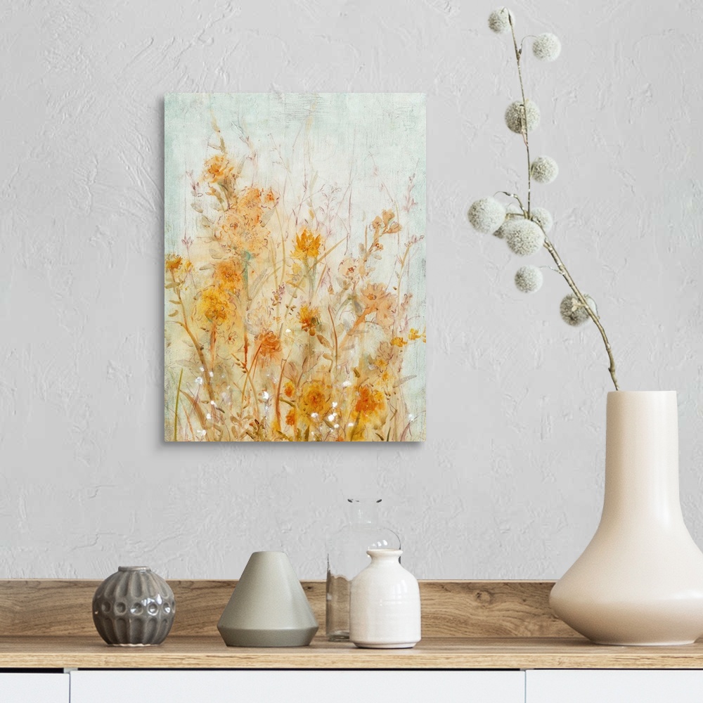 A farmhouse room featuring Contemporary painting of pale orange and yellow flowers.