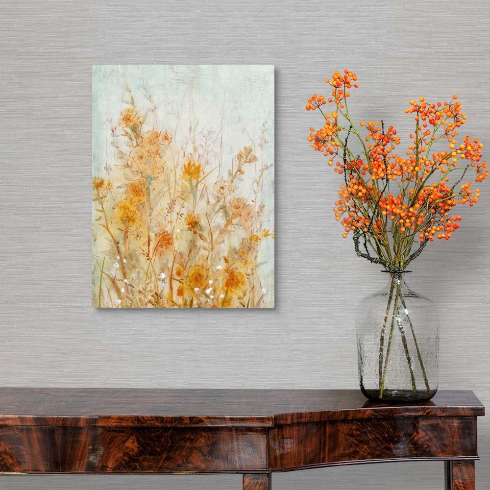 A traditional room featuring Contemporary painting of pale orange and yellow flowers.