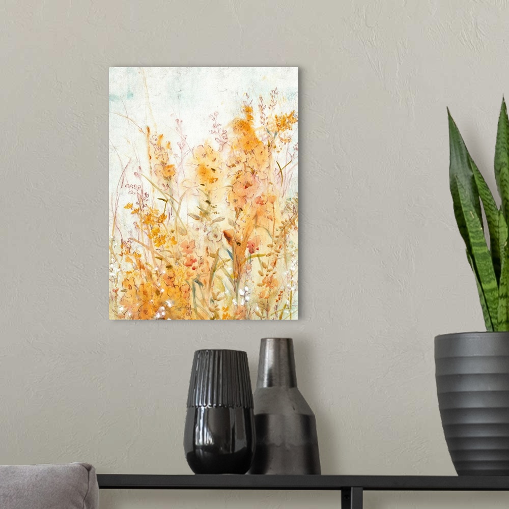 A modern room featuring Contemporary painting of pale orange and yellow flowers.