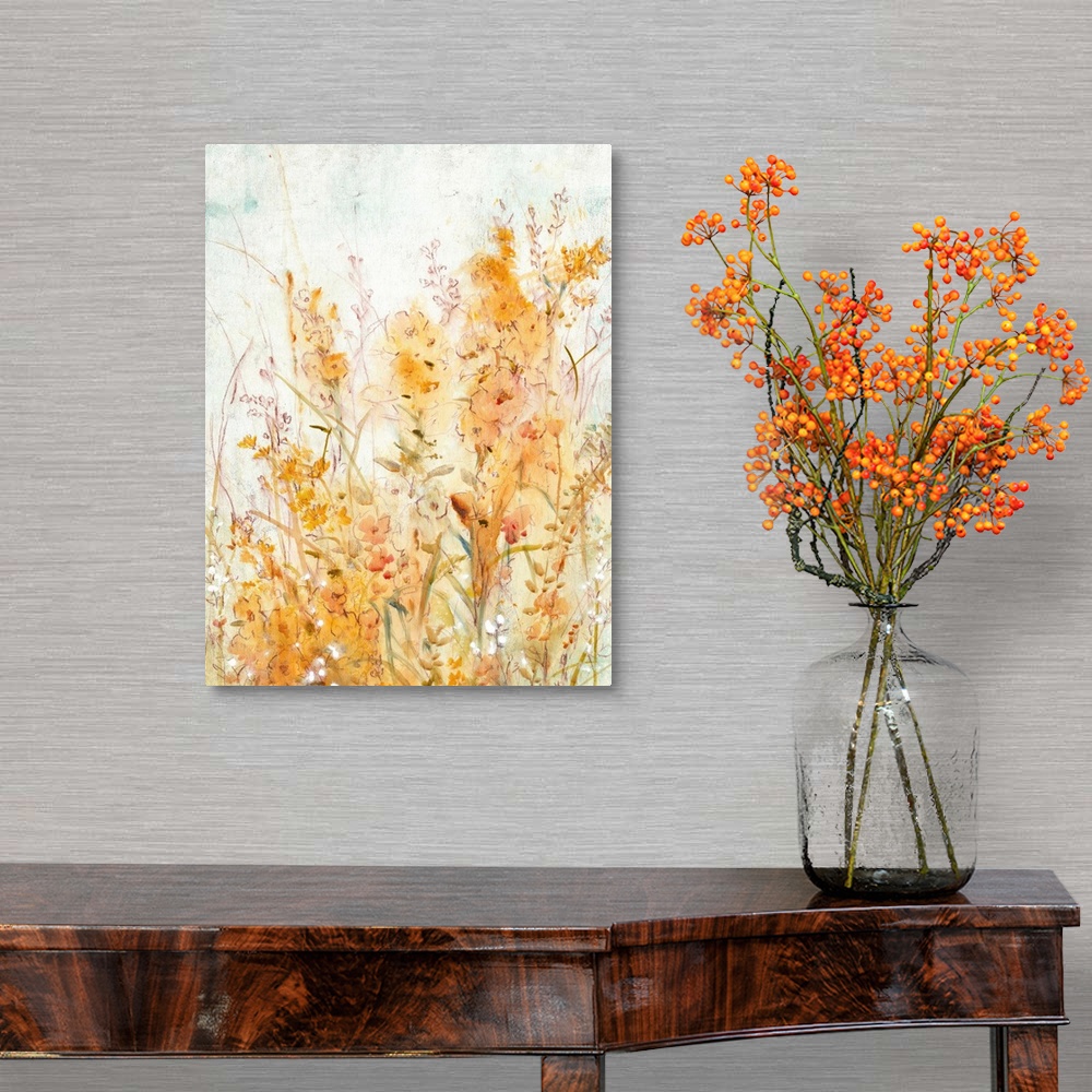A traditional room featuring Contemporary painting of pale orange and yellow flowers.