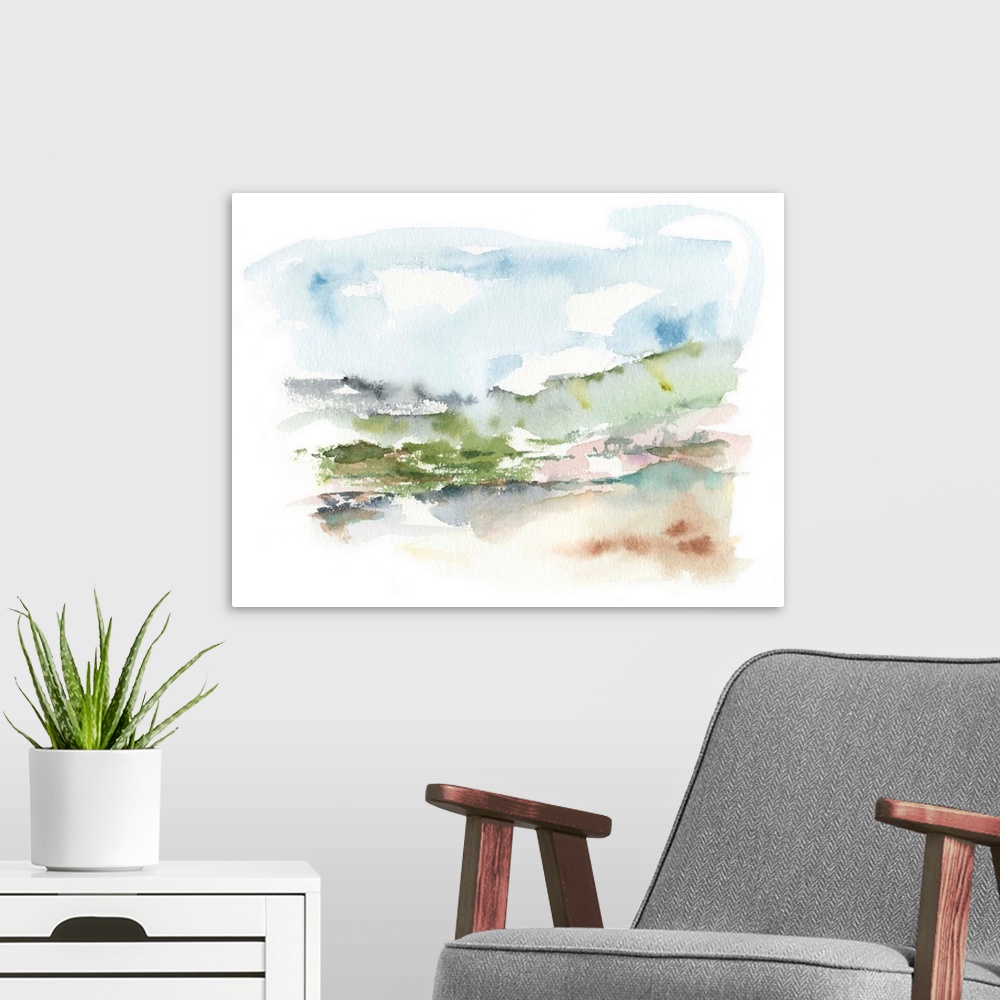 A modern room featuring Watercolor abstract landscape in muted earth tones and blues.