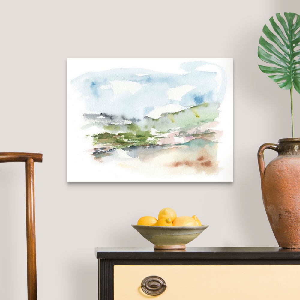 A traditional room featuring Watercolor abstract landscape in muted earth tones and blues.