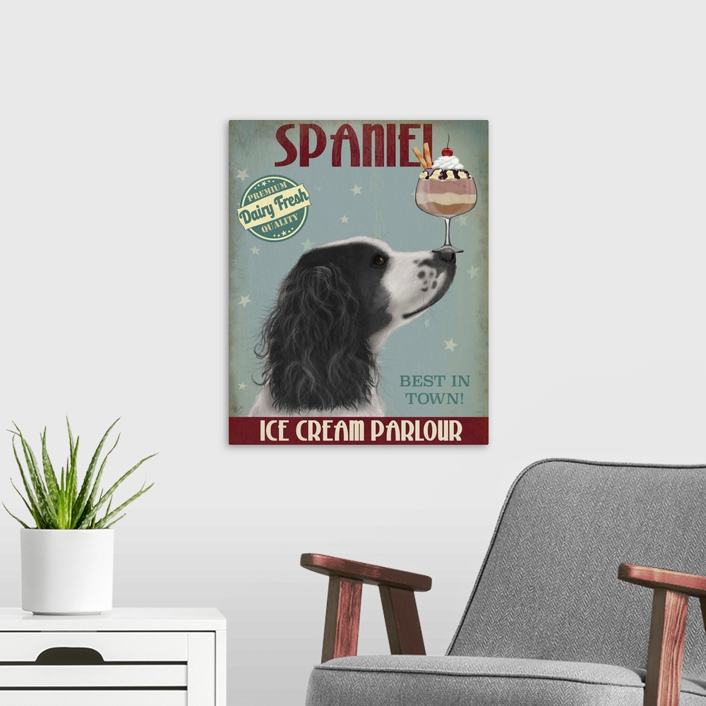 A modern room featuring Decorative artwork of a Springer Spaniel balancing an ice cream sundae on its nose in an advertis...