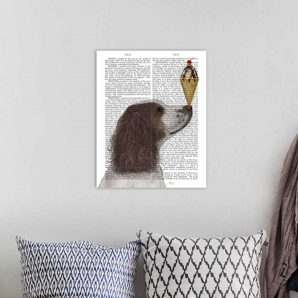A bohemian room featuring Decorative artwork of a brown and white Springer Spaniel balancing an ice cream cone on its nose,...