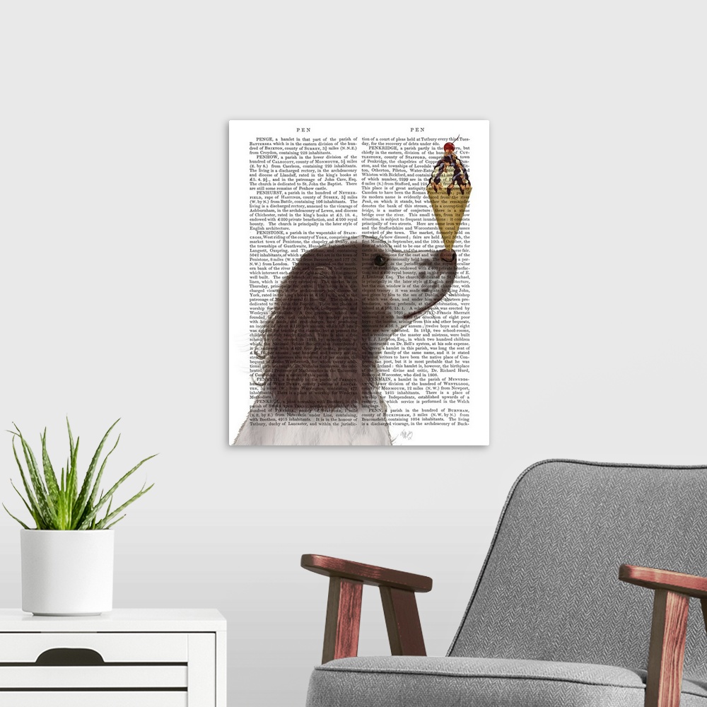 A modern room featuring Decorative artwork of a brown and white Springer Spaniel balancing an ice cream cone on its nose,...
