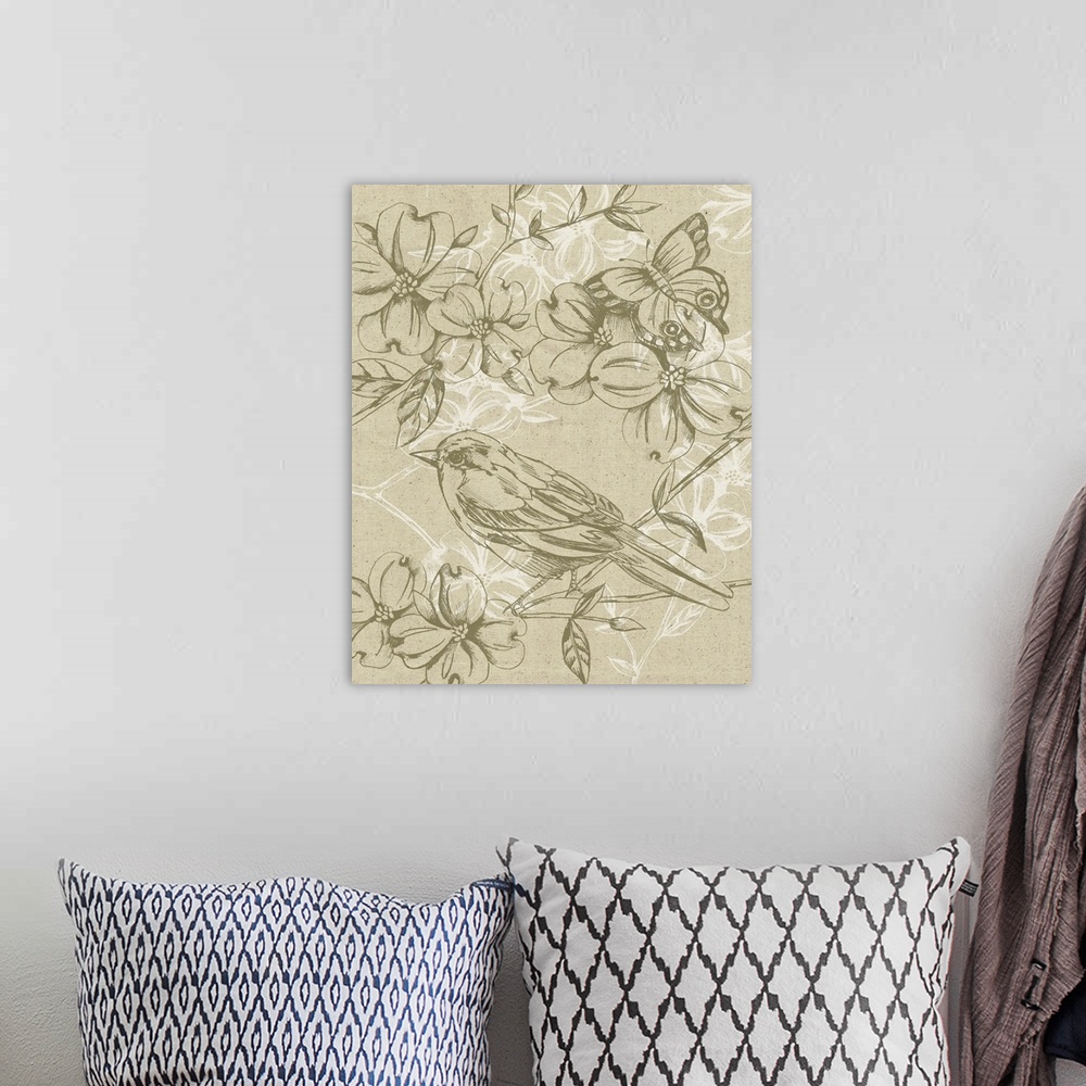 A bohemian room featuring A delicate bird perches on a branch filled with flowers over a linen textured background with whi...