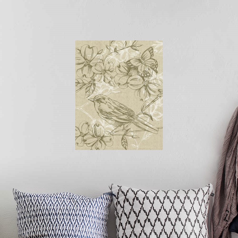 A bohemian room featuring A delicate bird perches on a branch filled with flowers over a linen textured background with whi...