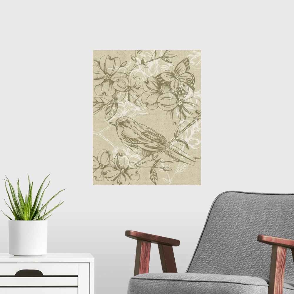 A modern room featuring A delicate bird perches on a branch filled with flowers over a linen textured background with whi...