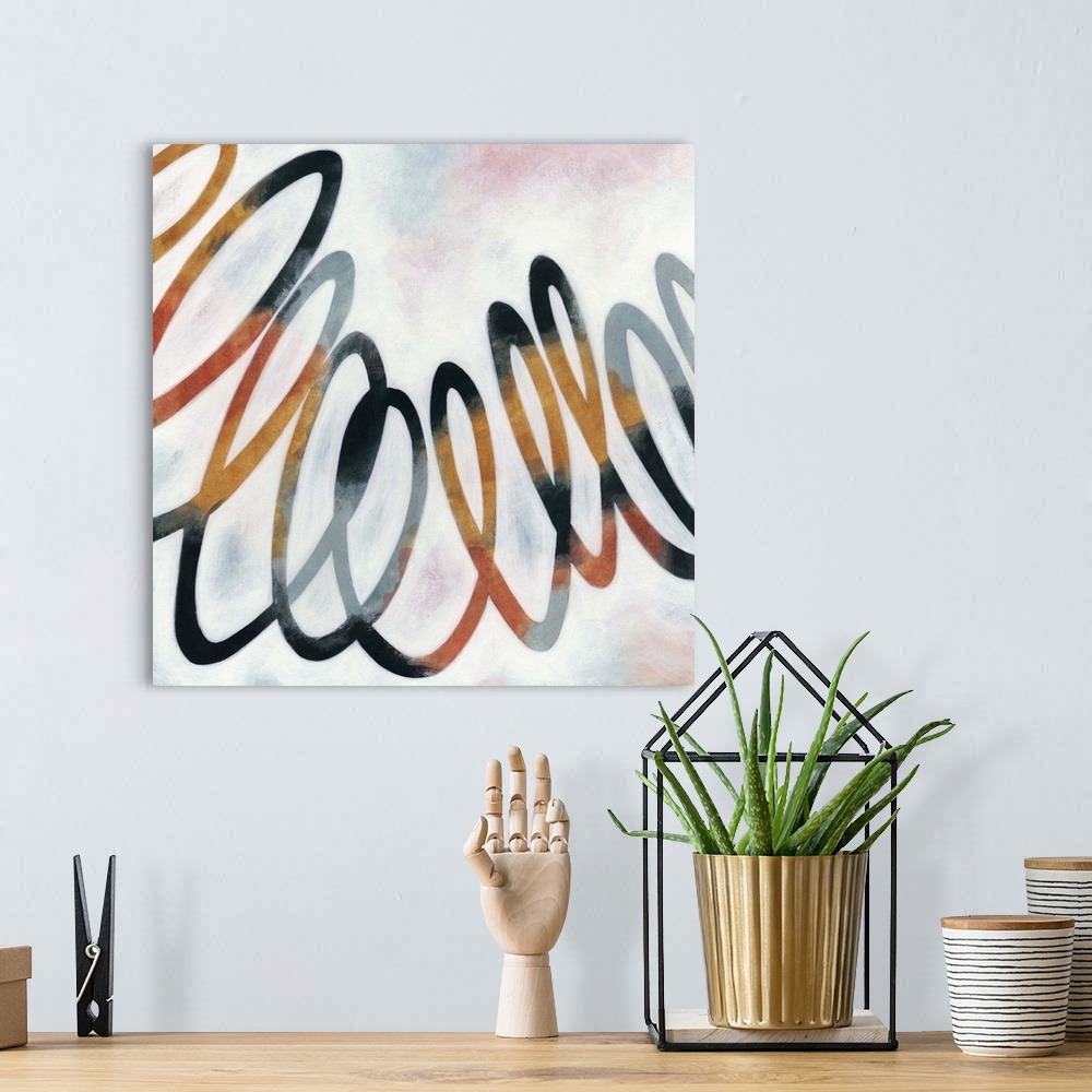 A bohemian room featuring Contemporary abstract painting of a squiggly line in orange and black against a neutral background.
