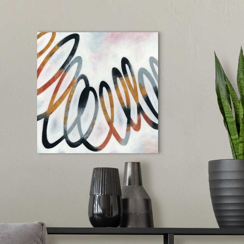 A modern room featuring Contemporary abstract painting of a squiggly line in orange and black against a neutral background.