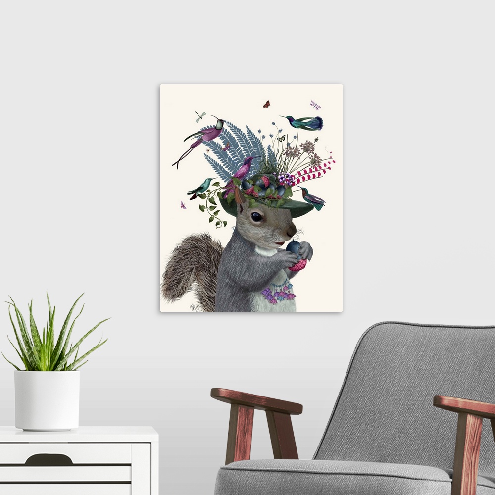 A modern room featuring Digital illustration of a squirrel holding a nut, wearing a hat with flowers on it and colorful b...