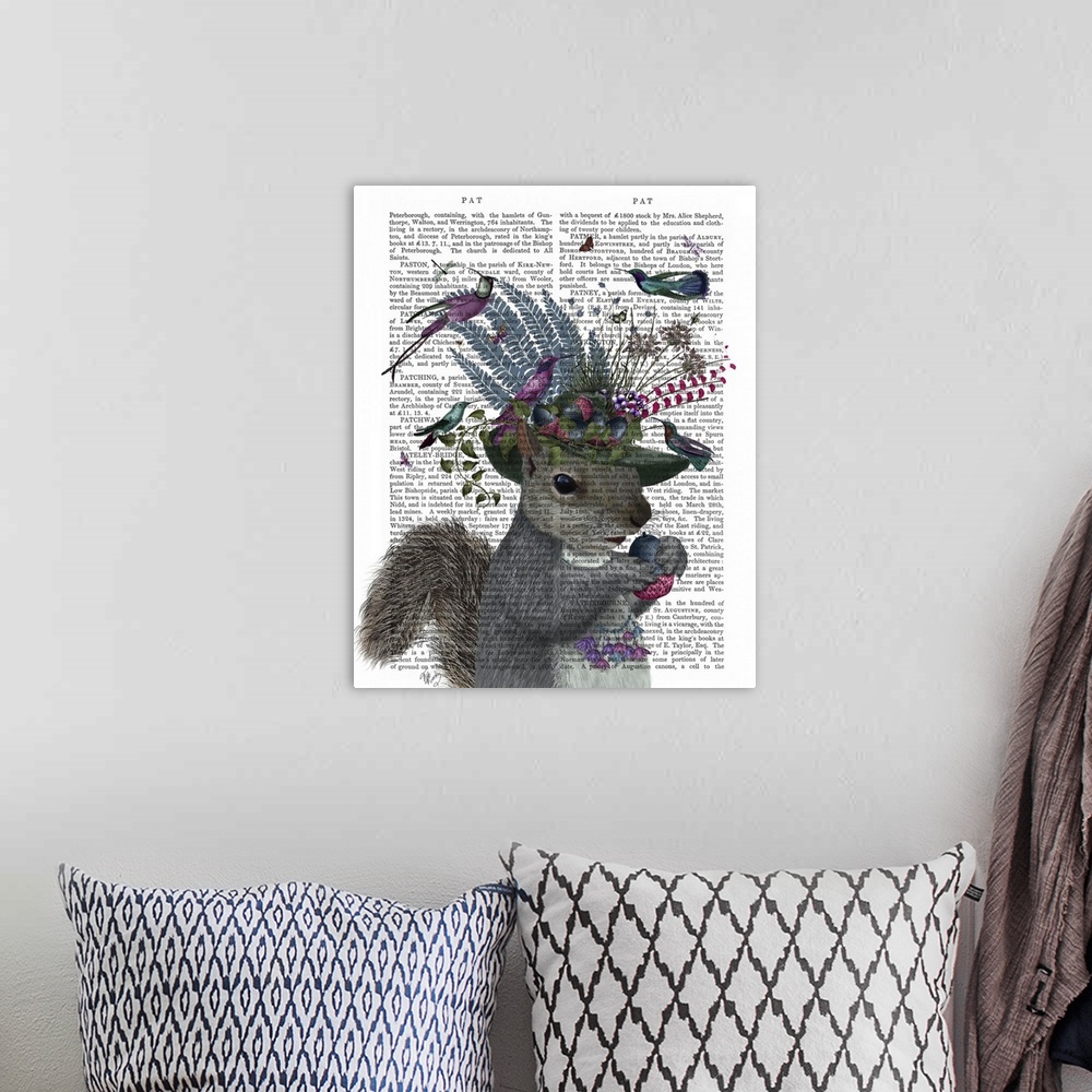 A bohemian room featuring Digital illustration of a squirrel holding a nut, wearing a hat with flowers on it and colorful b...
