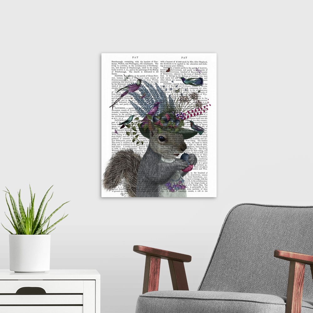 A modern room featuring Digital illustration of a squirrel holding a nut, wearing a hat with flowers on it and colorful b...