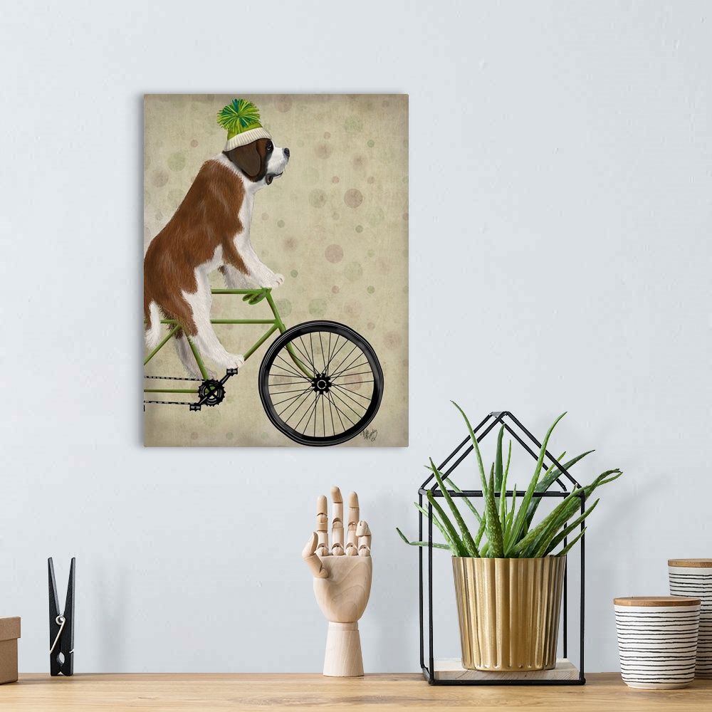 A bohemian room featuring Decorative artwork of a St. Bernard riding on a green bicycle and wearing a matching green Winter...