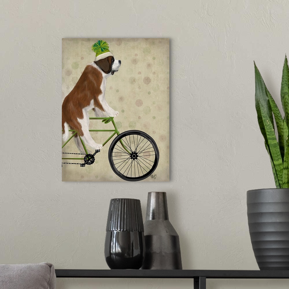 A modern room featuring Decorative artwork of a St. Bernard riding on a green bicycle and wearing a matching green Winter...