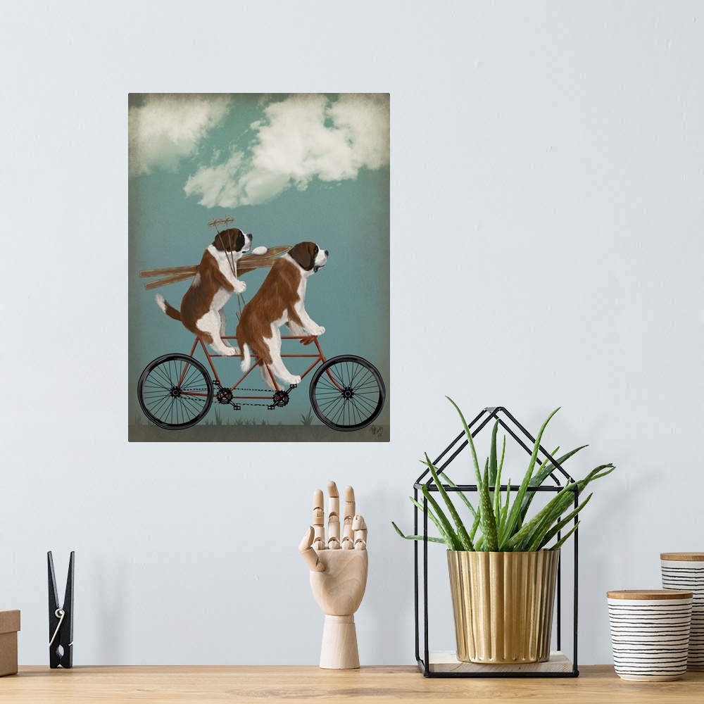 A bohemian room featuring Decorative artwork of two St. Bernards riding on a tandem bicycle with skiing equipment.
