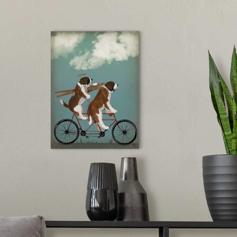 A modern room featuring Decorative artwork of two St. Bernards riding on a tandem bicycle with skiing equipment.