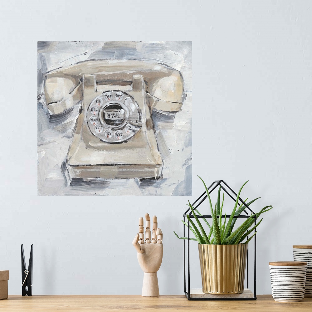 A bohemian room featuring Fun, contemporary painting of a rotary phone in neutral hues.