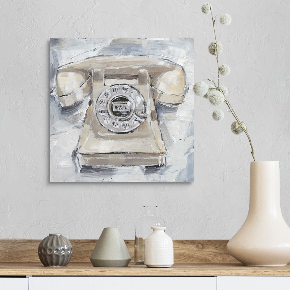 A farmhouse room featuring Fun, contemporary painting of a rotary phone in neutral hues.