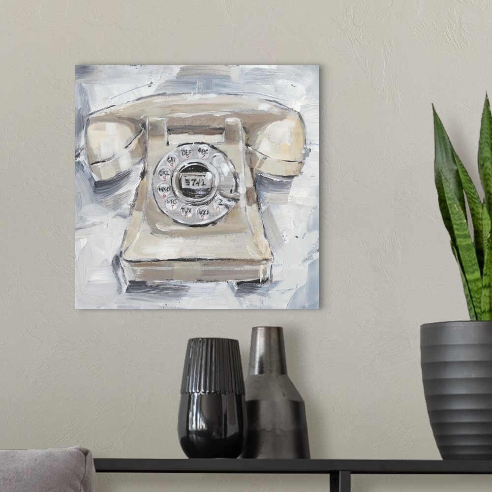 A modern room featuring Fun, contemporary painting of a rotary phone in neutral hues.