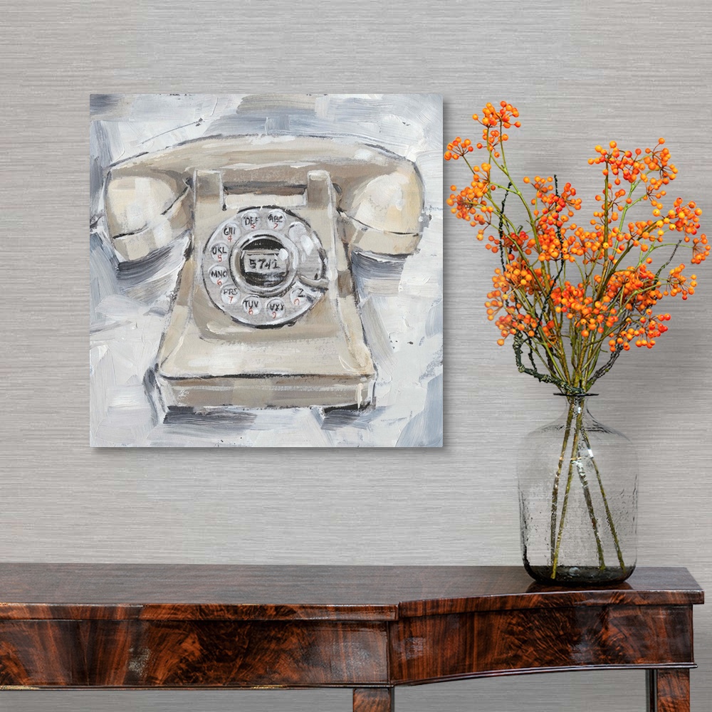 A traditional room featuring Fun, contemporary painting of a rotary phone in neutral hues.