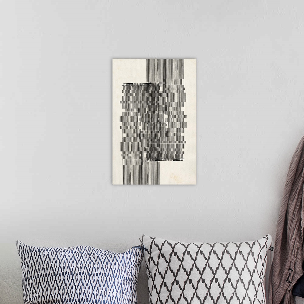 A bohemian room featuring Contemporary abstract art using thin lines compiled in staggered formation.